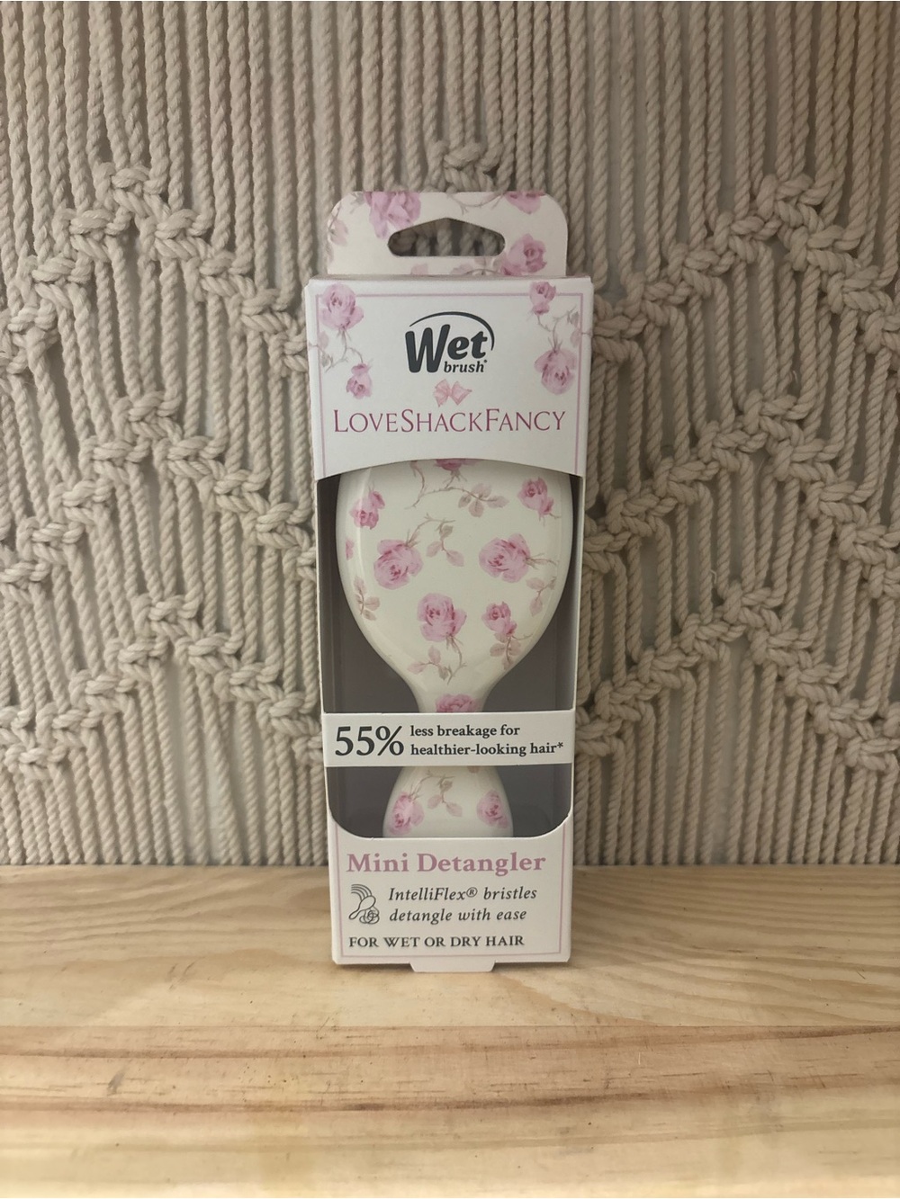 LoveShackFancy Mini Detangler Hair Brush in White with Pink Floral Print